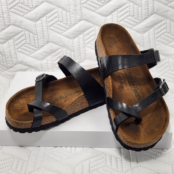 BIRKENSTOCK Black Sandals MAYARI Womens 6-6.5 M Black Oiled Leather Cork - Picture 2 of 16